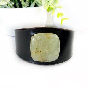 MishaGirl Handmade Black Leather Cuff Bracelet: Jade Stone Bead, Adjustable